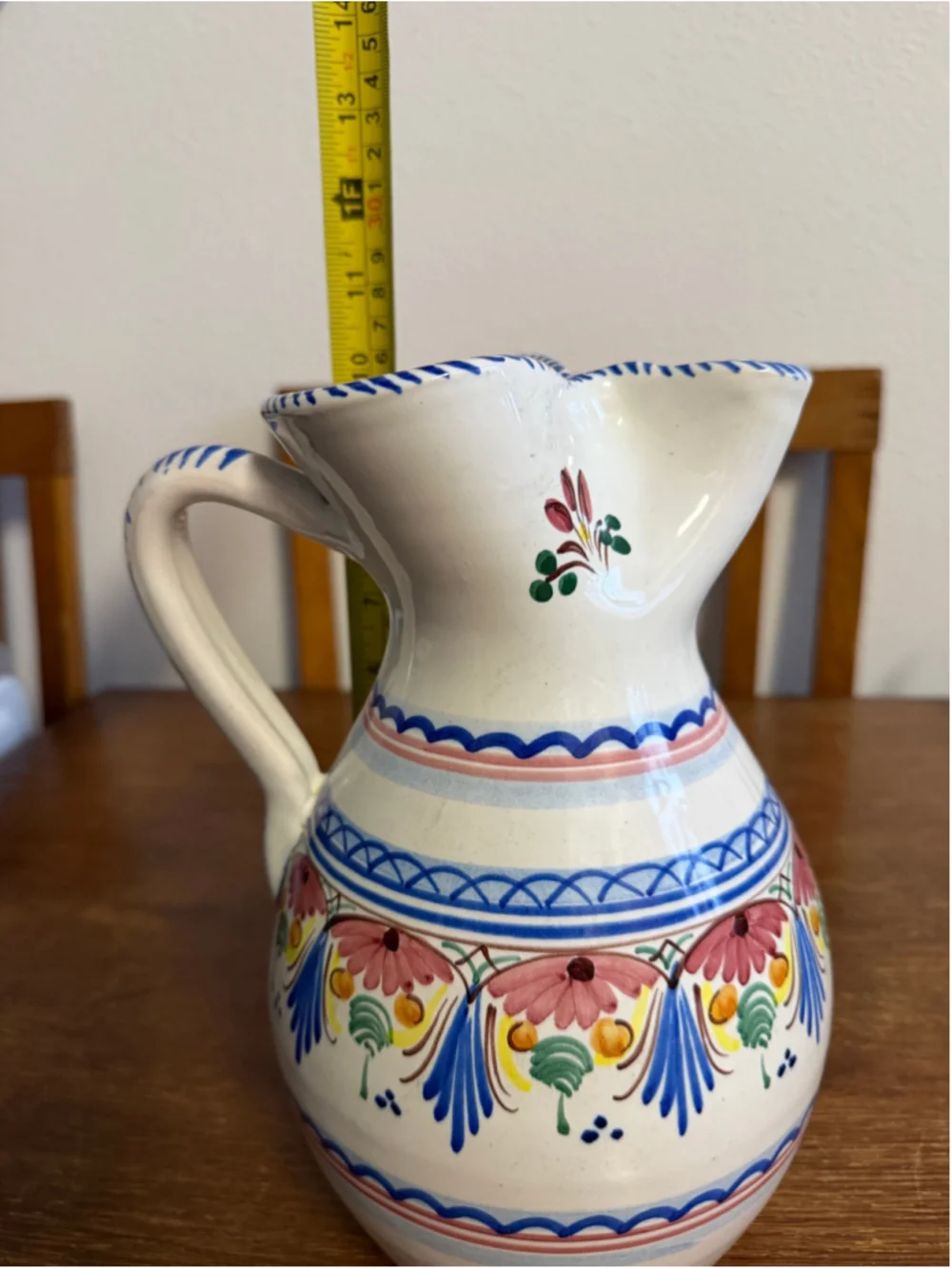 Vintage A H Puente Hand Painted Spanish Pottery Pitcher Floral Ceramic Jug Signe